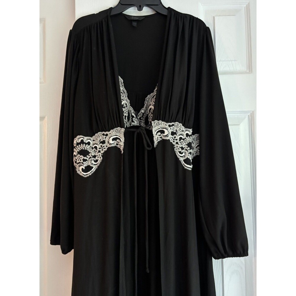 Soma Intimates Black & Ivory Lace Trim Maxi Nightgown & Robe 2 Piece Set Sz M